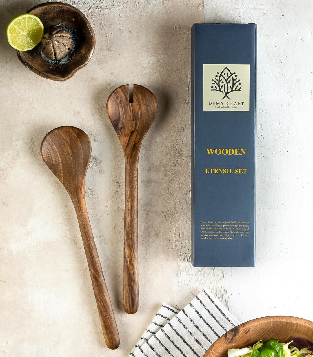 Walnussbaum Salat-Servierset 30 cm – Handgefertigte Holzlöffel & Holzgabel (2-teilig) Walnussbaum -