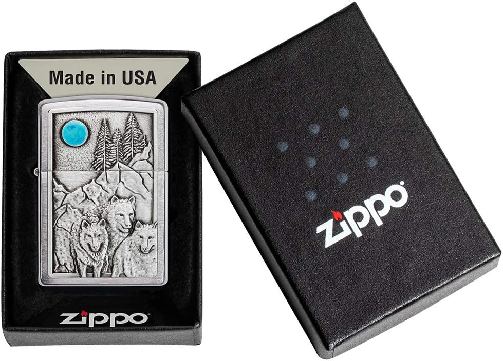 Zippo Wolf Feuerzeuge Gebürstetes Chrom Wolf Pack und Mond, Gebürstetes Chrom Wolf Pack und Mond