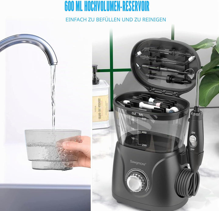 Sawgmore Elektrische Munddusche mit 10 Druckstufen und 8 Düsen，Professional Waterflosser für Zanrein