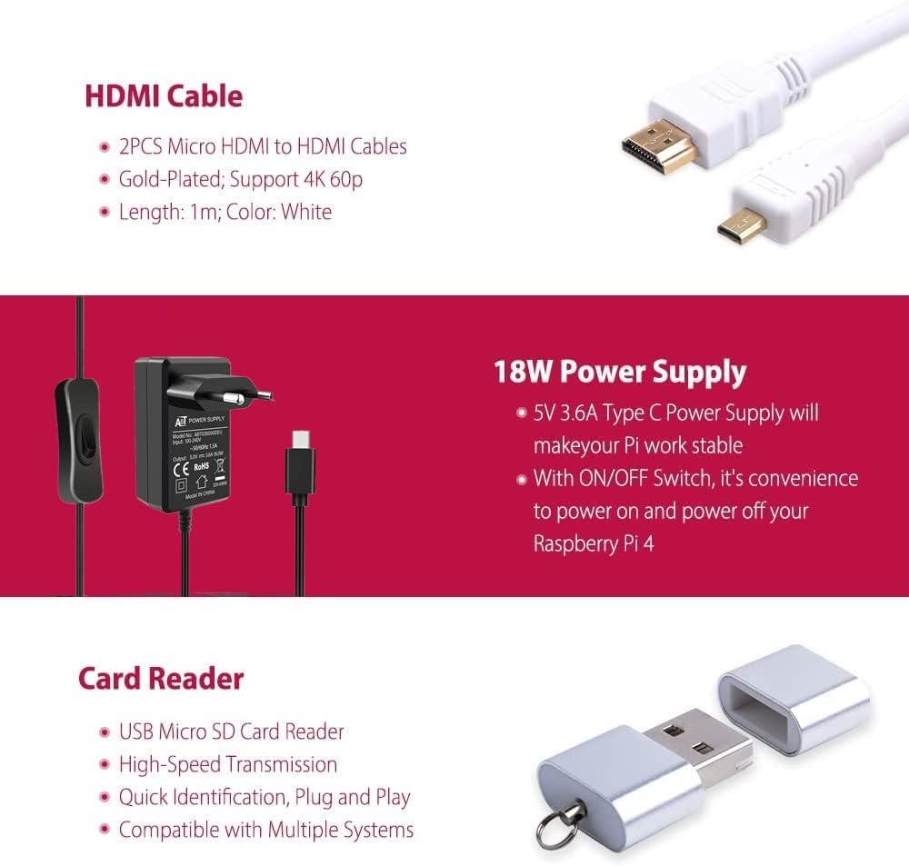 GeeekPi Raspberry Pi 4 4GB Starter Kit mit 64GB SD Karte, Raspberry Pi 4 Gehäuse mit PWM Lüfter, Ras