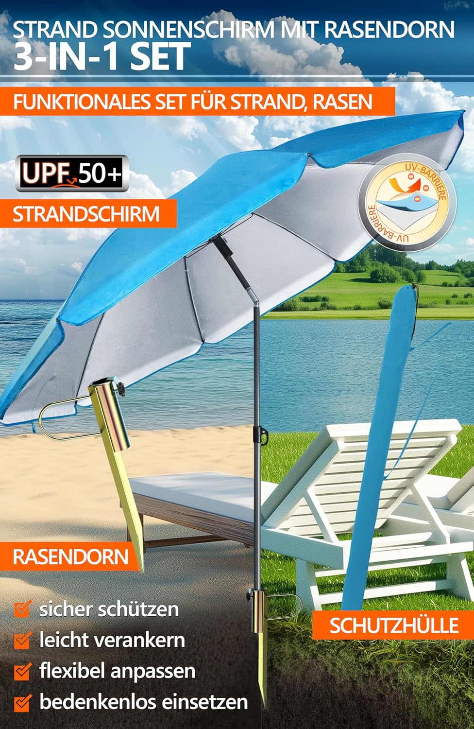 4smile Sonnenschirm Strand SunnyJoy, Blau – 3er Set inkl. Strandschirm windfest stabil, Rasendorn So