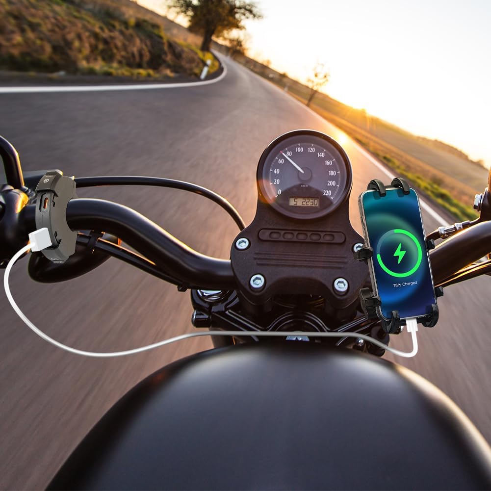 URAQT 48W USB C Steckdose 12V Motorrad Ladegerät, Moto Telefon Ladegerät, QC3.0 USB-A und Typ-C Wass