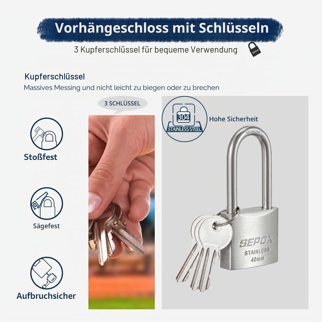 SEPOX® 40mm Edelstahl Vorhängeschloss mit Schlüssel für Aussenbereich, Wetterfestes, Schwerlastiges,
