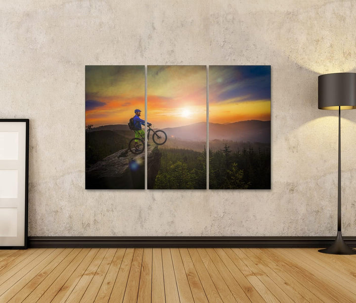 islandburner Bild auf Leinwand Mountainbiker Sonnenuntergang auf Fahrrad MTB Cross Country Downhill