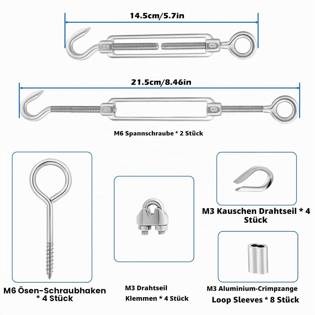 TooTaci Edelstahlseil 3mm Set,15M Drahtseil Rankhilfe Set,304 Edelstahl Stahlseil &amp; M6 Seilspanner S