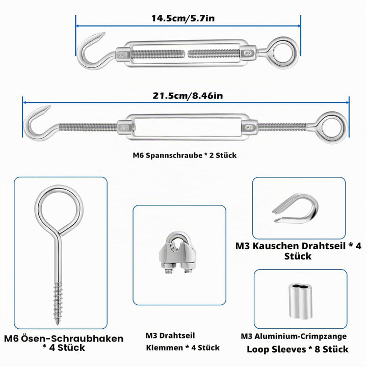 TooTaci Edelstahlseil 3mm Set,15M Drahtseil Rankhilfe Set,304 Edelstahl Stahlseil &amp; M6 Seilspanner S