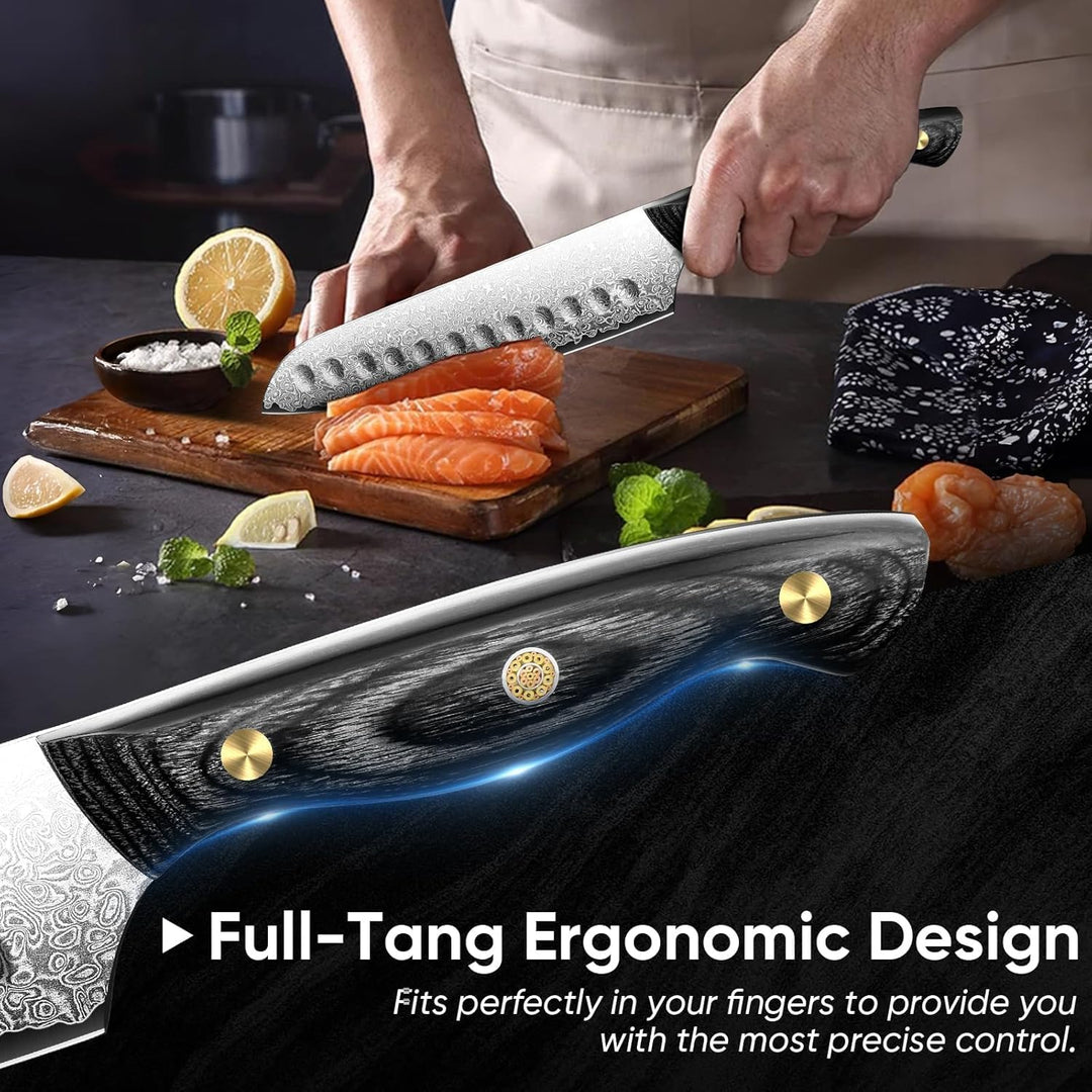 Purple Dragon Damast Santoku Messer - Küchenmesser mit VG10 Kernen und Holzgriff – Handgeschmiedetes