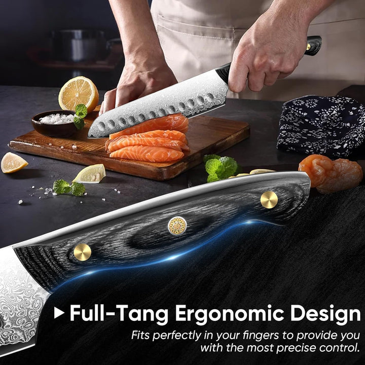 Purple Dragon Damast Santoku Messer - Küchenmesser mit VG10 Kernen und Holzgriff – Handgeschmiedetes
