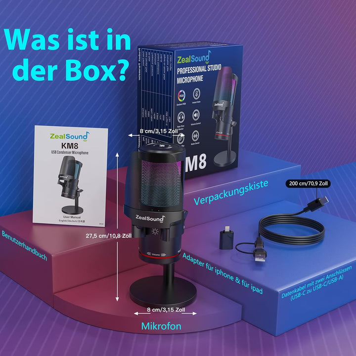 ZealSound Gaming Mikrofon PC, RGB Tischmikrofon mit USB-C &Lightning Adapter,Touch-Stummschaltung, G