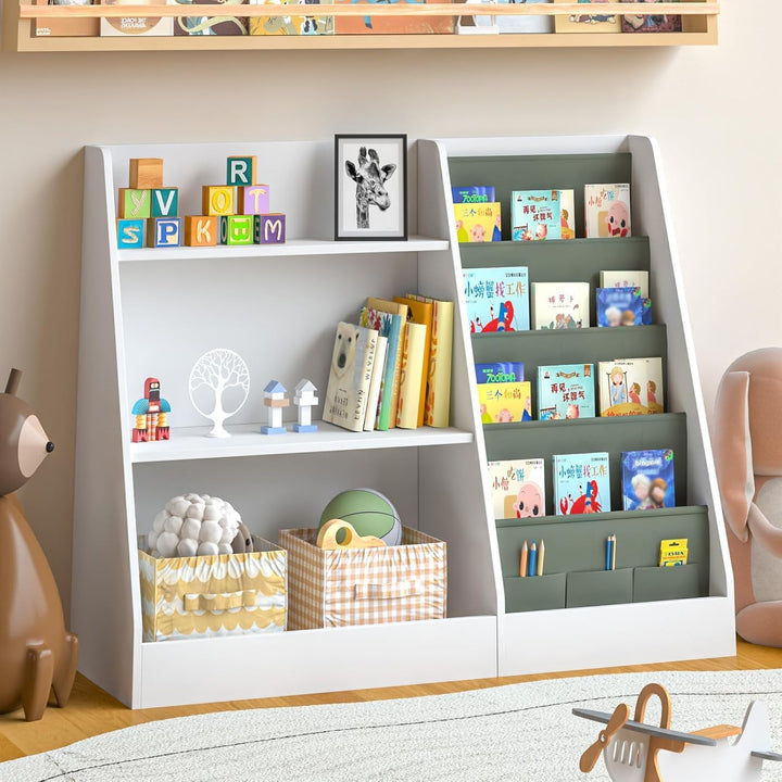 Kinderregal mit 4 Ablage und 3 offenen Fächern, Bücherregal für Kinder, Kinderzimmerregal, Bücherreg