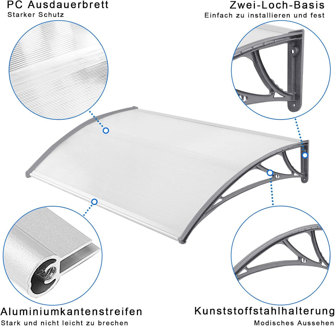 NAIZY 120 x 100cm Vordach für Haustür Pultbogenvordach Überdachung Haustür aus Polycarbonat und Alum