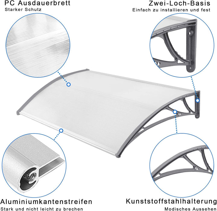 NAIZY 120 x 100cm Vordach für Haustür Pultbogenvordach Überdachung Haustür aus Polycarbonat und Alum