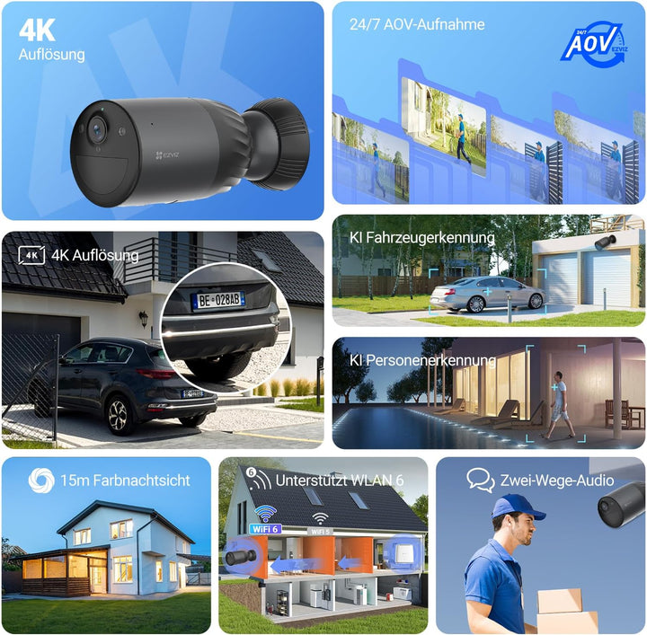 EZVIZ 4K Überwachungskamera Aussen Akku, Solar WLAN Kamera Outdoor mit 10400 mAh Akku, KI Personen-/