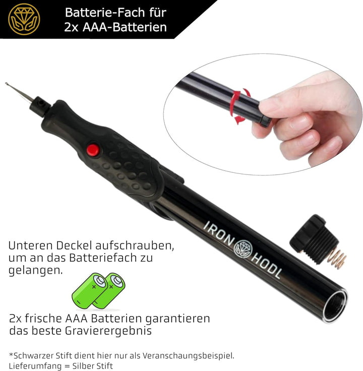 IRON HODL - Gravierstift mit Diamantspitze für Metall, Keramik, Glas gravieren - 2X AAA Batteriebetr