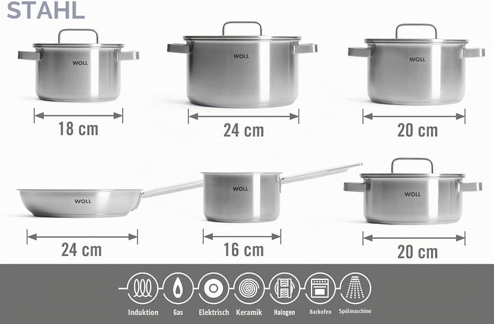 WOLL – Steel Topf-Set 10-teilig Ø 20–24 cm – Induktions-Töpfe aus Edelstahl, spülmaschinenfest, ener