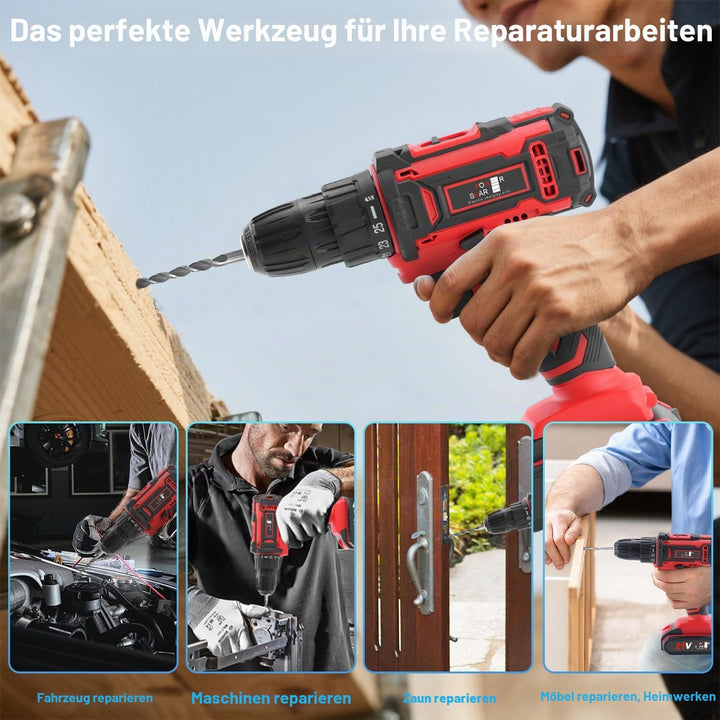 VANBAR Akkuschrauber, Drehmoment auf 25+3 Stufen Bohrmaschine Schrauber Set, 21V, 45Nm max, Schlagbo