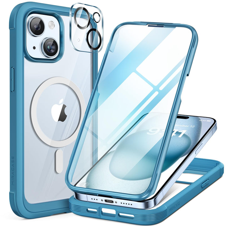 Miracase 360 Grad für iPhone 15 Hülle Magnetisch mit Eingebaut Glas Schutzfolie und Kameraschutz, St