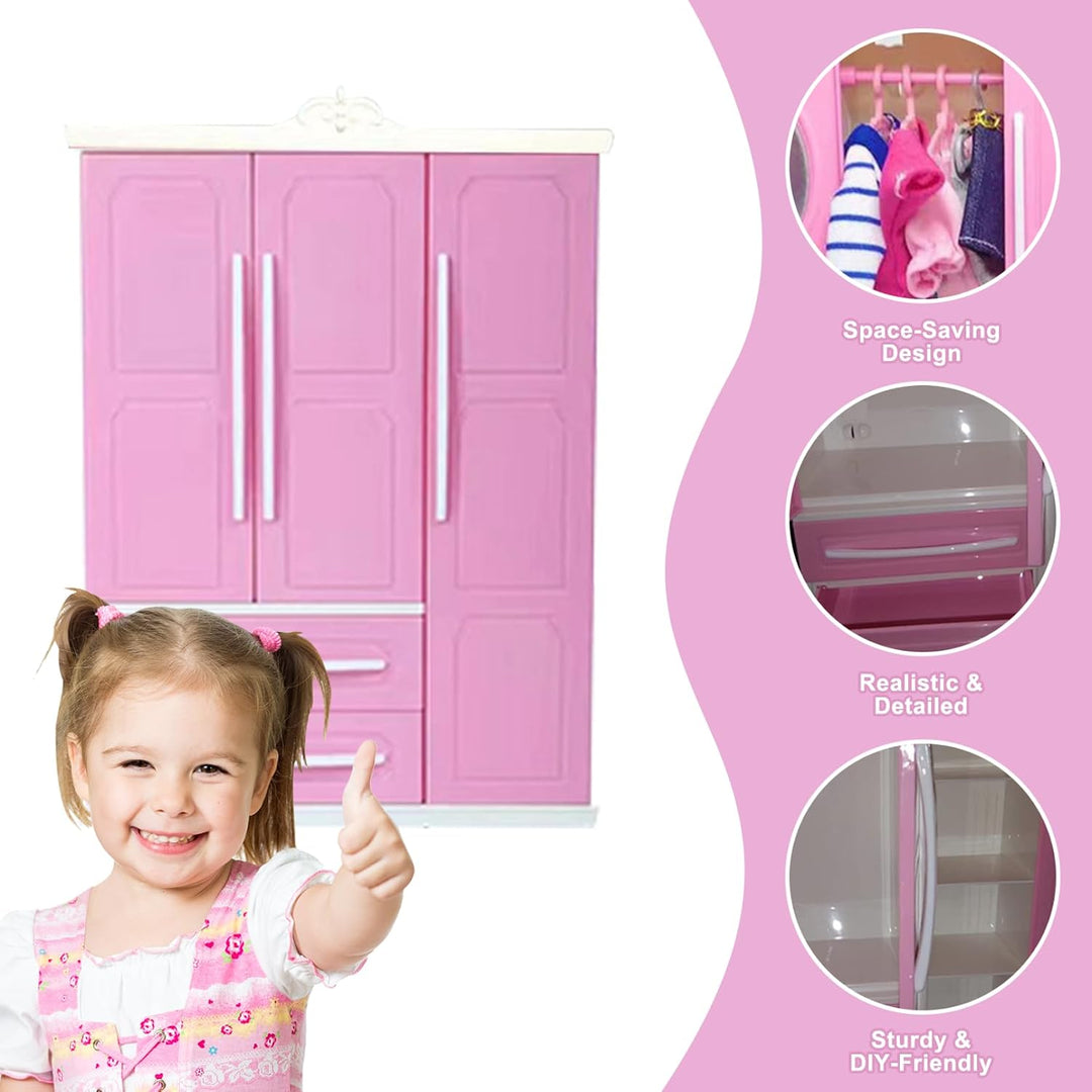 Puppenschrank, 3 Türen, 2 Schubladen, Puppenhaus-Kleiderschrank, 7 x 10 x 3 Miniaturmöbel mit 10 Kle