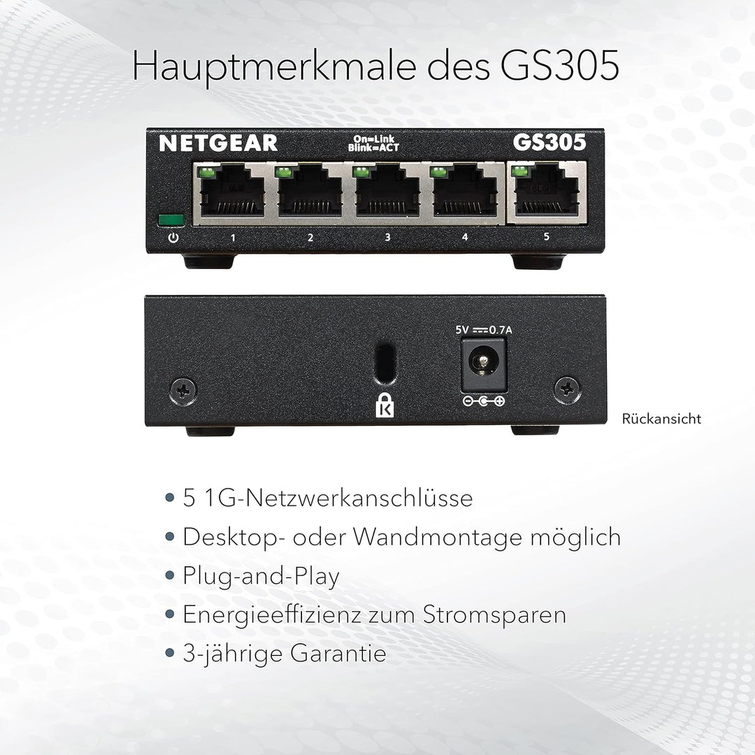 NETGEAR GS305 LAN Switch 5 Port Netzwerk Switch (Plug-and-Play Gigabit Switch LAN Splitter, LAN Vert