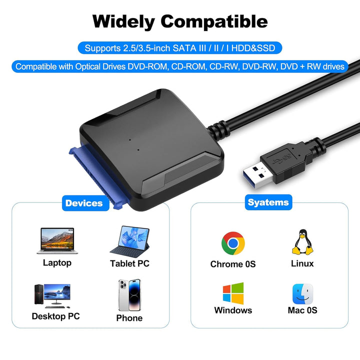 USB 3.0 auf SATA Adapter, USB C/USB3.0 auf SATAIII/II/I Festplattenadapter für 2,5 Zoll / 3,5 Zoll H