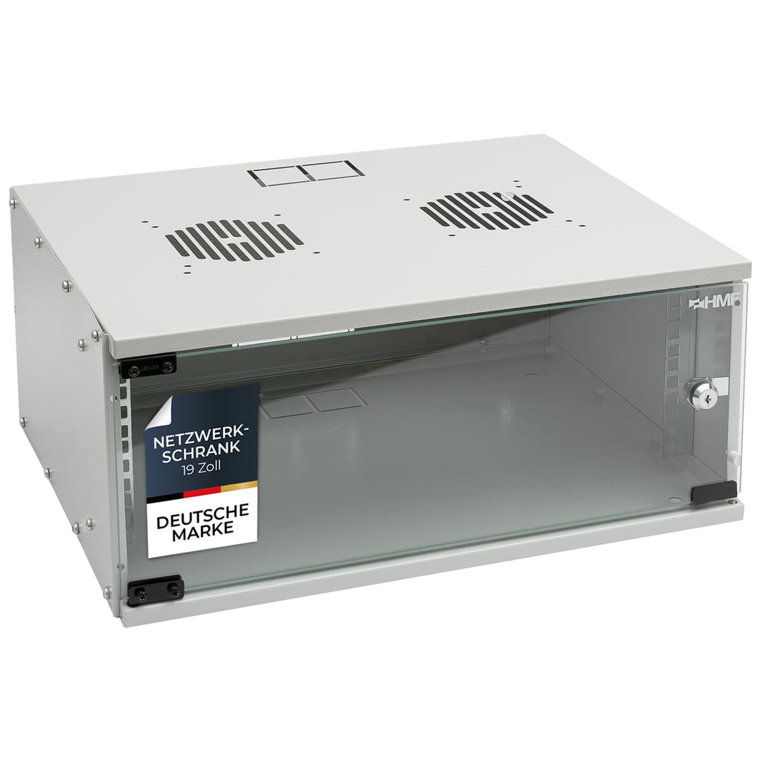 HMF 65704-07 Netzwerkschrank, Serverschrank 19 Zoll | 4 HE | 400 mm Tiefe | Glastür | Lichtgrau 4 HE
