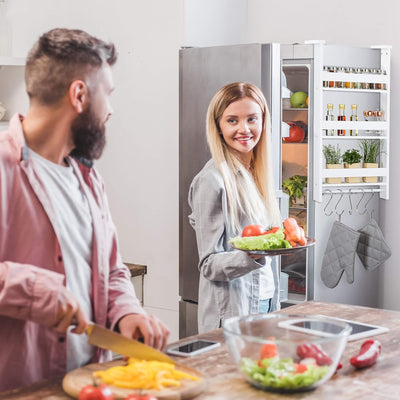 Relaxdays Hängeregal für Kühlschrank, Aufbewahrung von Gewürzen, mit Küchenreling & 5 Haken, MDF, HB