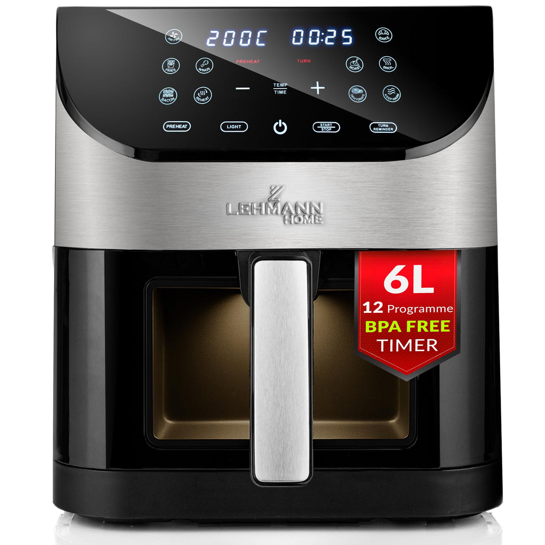 LEHMANN Heissluftfritteuse 6L mit Sichtfenster, 1500 W, Air Fryer mit 12 Programmen, Temperaturkontr