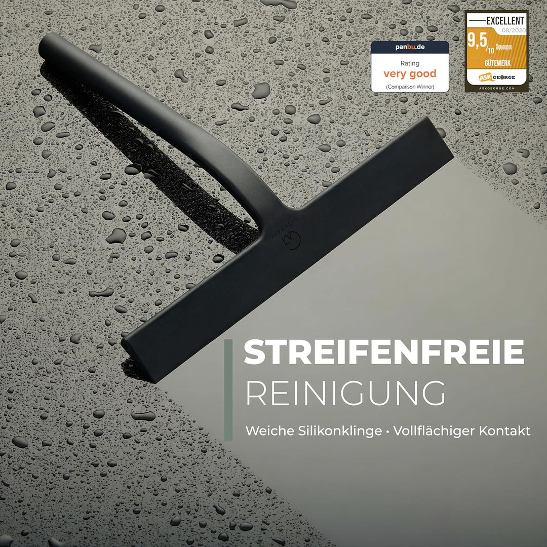 GÜTEWERK Duschabzieher Set mit Halterung - schwarz 28 cm breit - ohne Bohren Silikon Abzieher Dusche