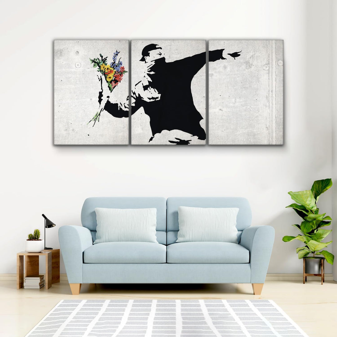 Giallobus - Grosse Gemälde im XXL-Format - Banksy - Street Art - Blumenwerfer - Leinwand - 218x100cm