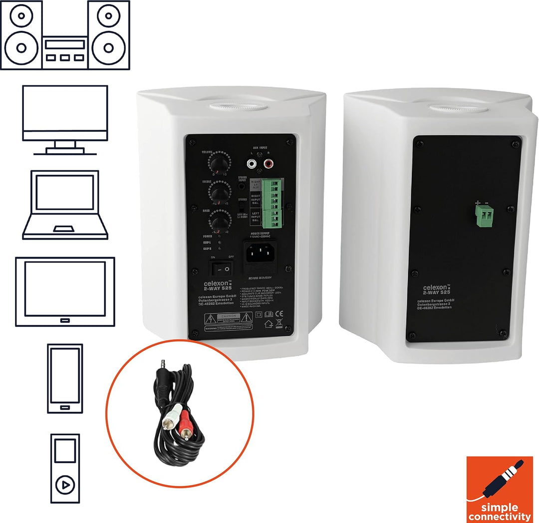 celexon Aktivlautsprecher-Set weiss - 2X 30W - leistungsstarke Audio-Boxen - inkl. Wandhalterung - L
