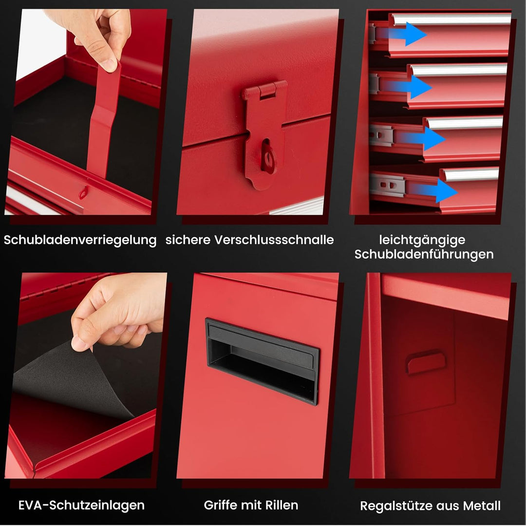 GYMAX Werkstattwagen mit 5 Schubladen, 2 in 1 Werkzeugschrank mit Haken, verstellbarem Regal & Unive