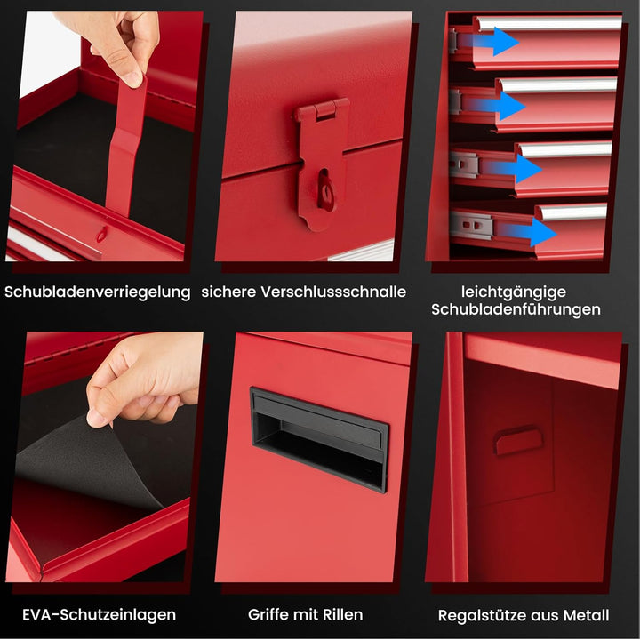 GYMAX Werkstattwagen mit 5 Schubladen, 2 in 1 Werkzeugschrank mit Haken, verstellbarem Regal & Unive