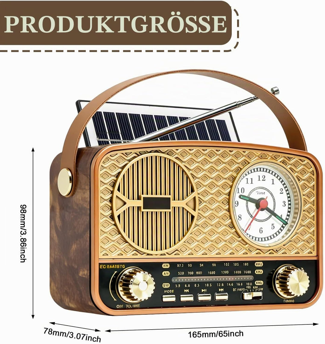 Radio Tragbar AM/FM/SW, Retro Radio, Solar Radio, Bluetooth Lautsprecher, Küchenradio, USB/TF/AUX Fu