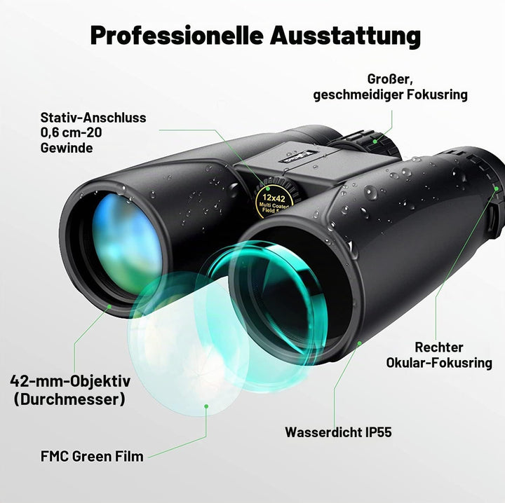 Kylietech Fernglas 12x42 HD Kompakte Ferngläser wasserdicht für Vogelbeobachtung, Wandern, Jagd, Sig