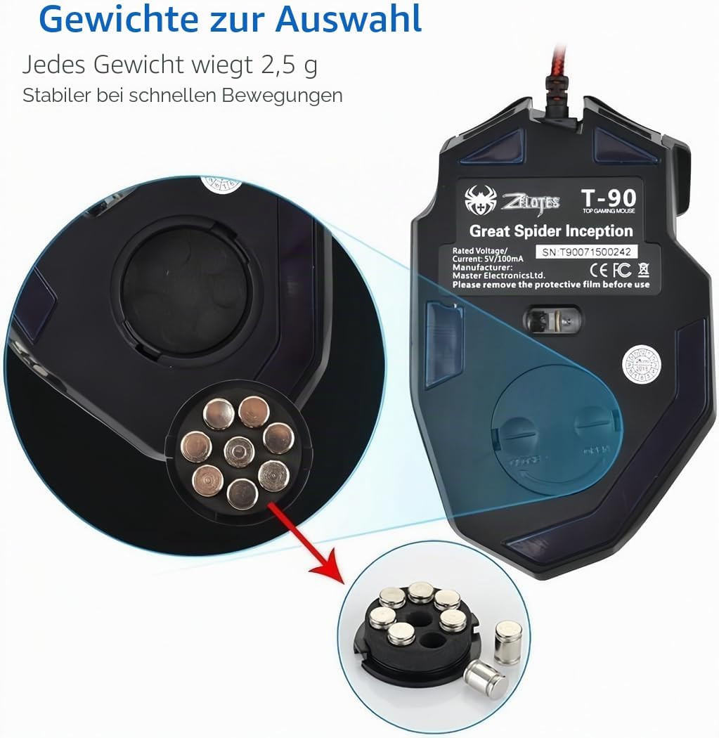 zelotes T90 Gaming Maus 9200 DPI, 8 Programmierbare Tasten, Multi-Modi LED, USB Gaming Maus, Gewicht