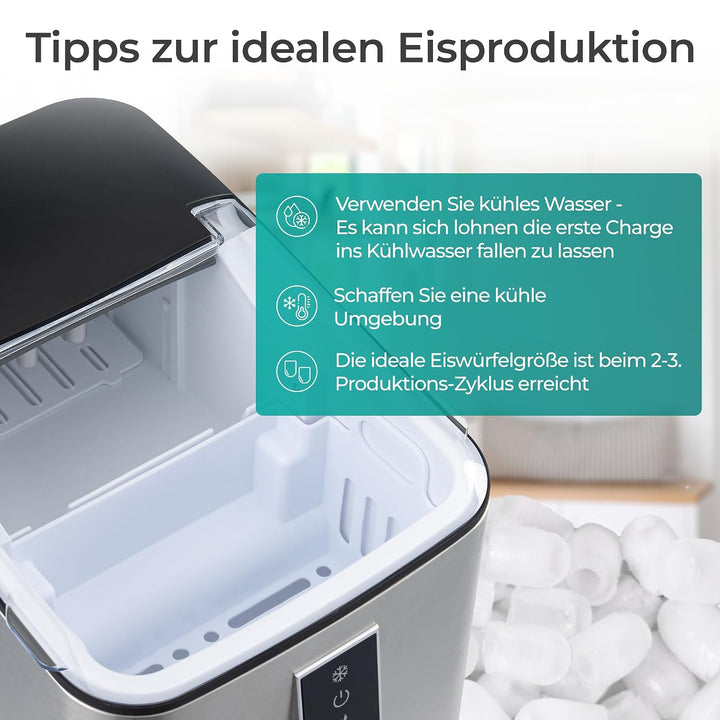 KLAMER Eiswürfelmaschine Edelstahl, 12 kg/24h, 8 Würfel in 8 Min, 1L | Geräuscharmer Kompressor, Tra