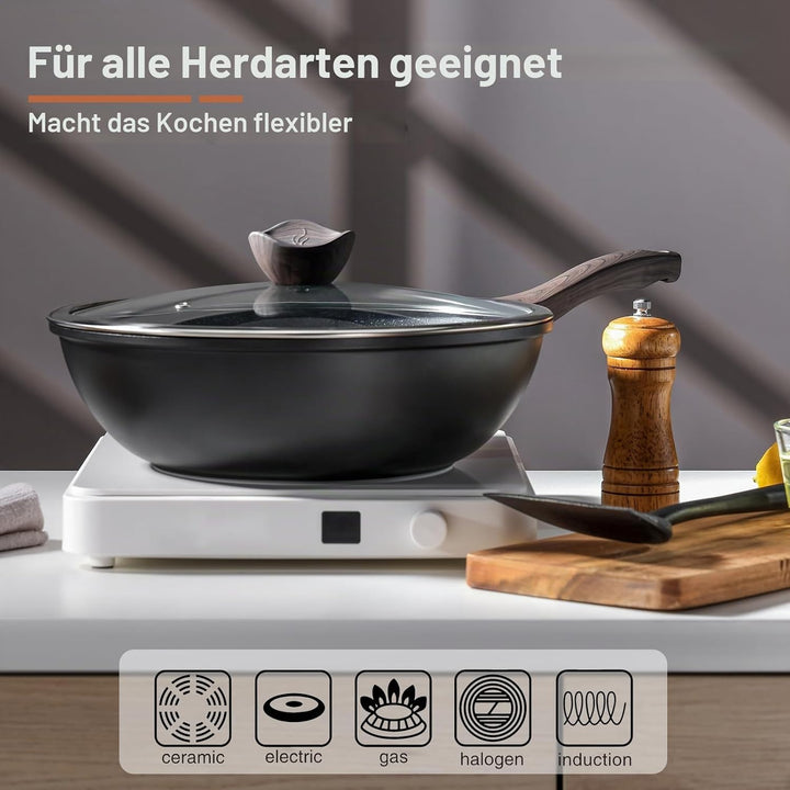 Kordisen Wokpfanne induktion, 30,5 cm Nonstick Wokpfanne mit Deckel, Woks & Bratpfannen, Granitstein