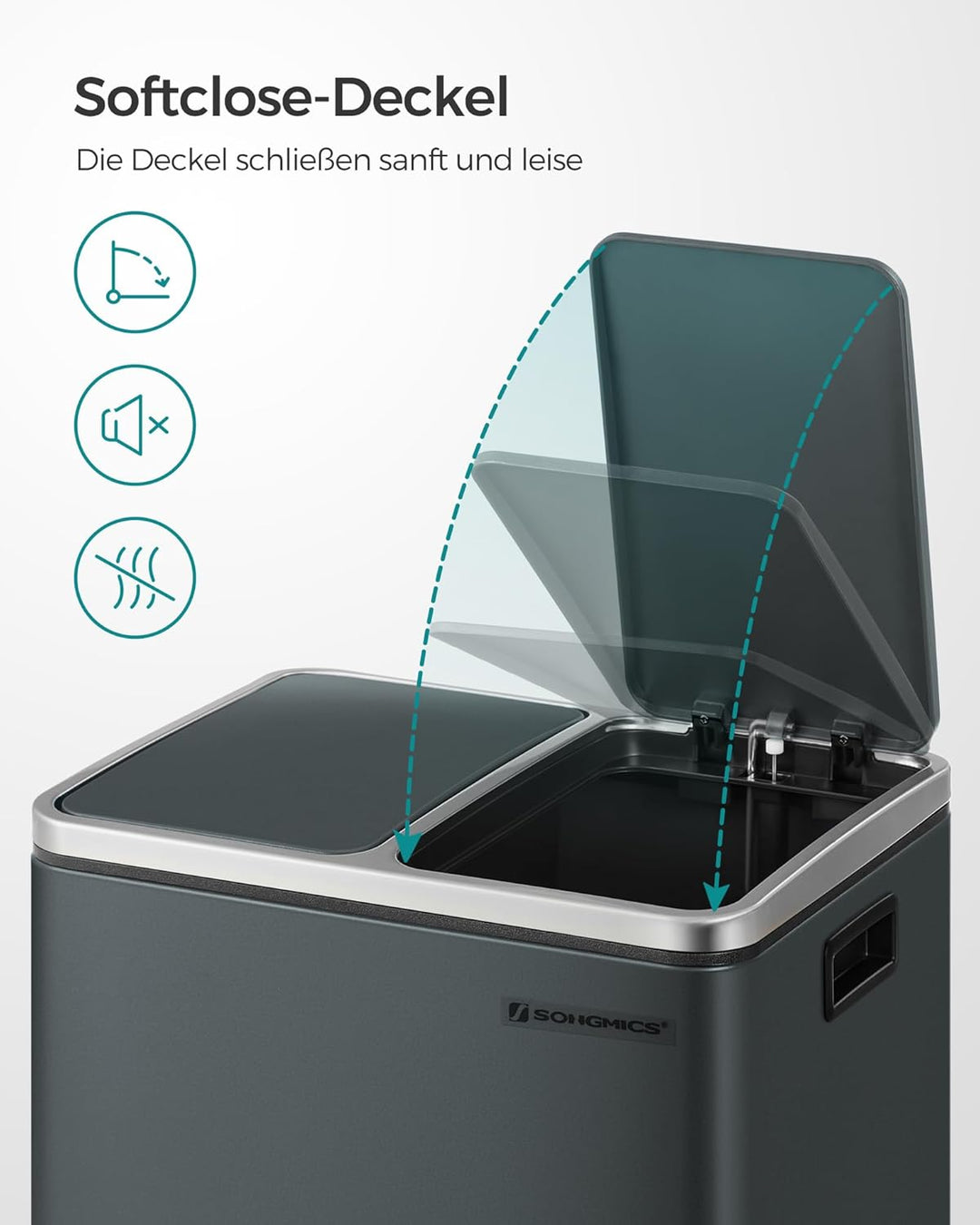 SONGMICS Mülleimer Küche, 2 x 15 L, Mülltrennsystem, Abfalleimer aus Metall, Treteimer mit Inneneime