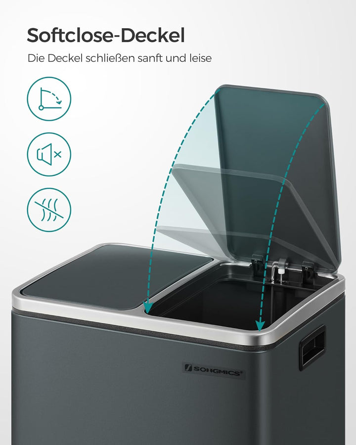 SONGMICS Mülleimer Küche, 2 x 15 L, Mülltrennsystem, Abfalleimer aus Metall, Treteimer mit Inneneime