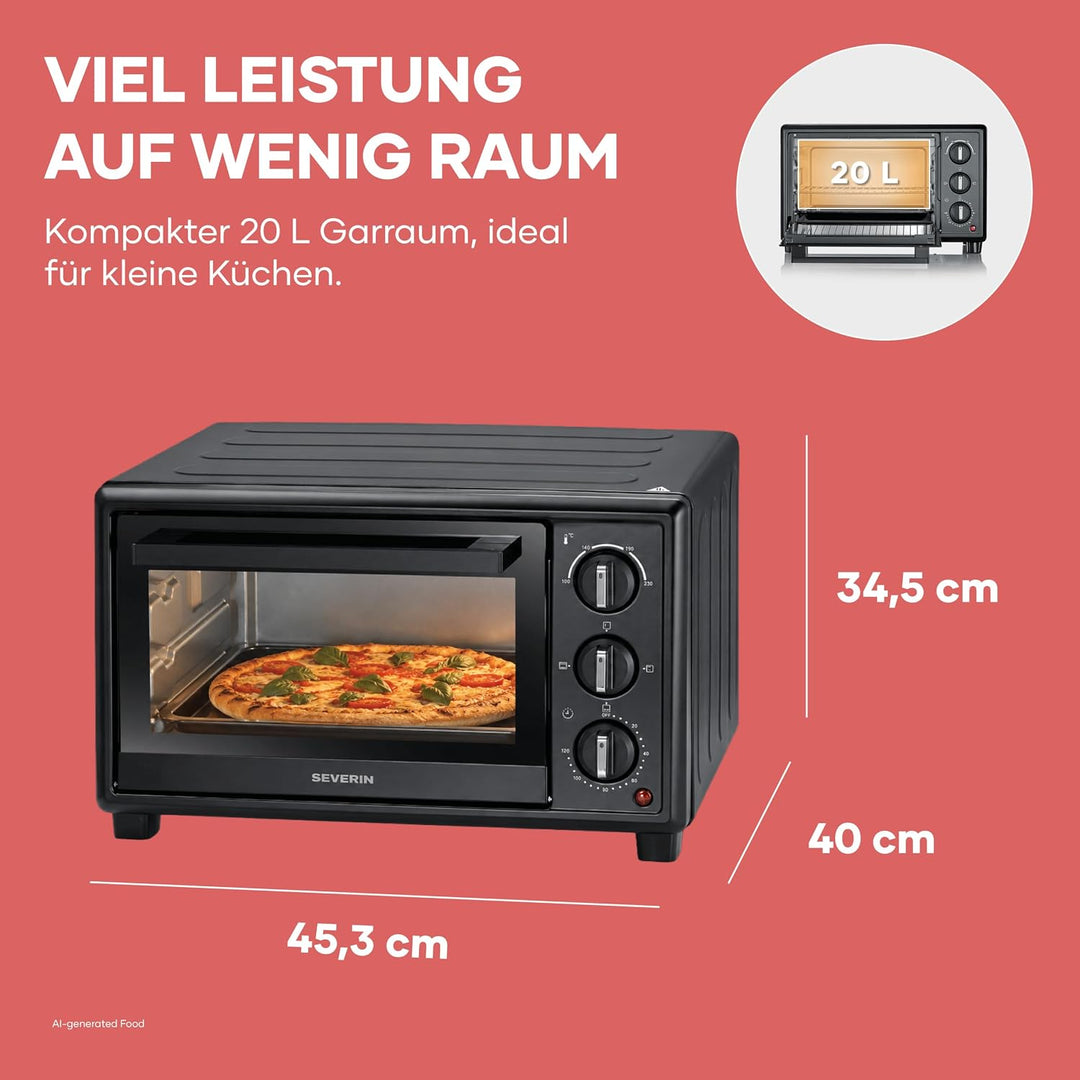 Severin Back- und Toastofen, Bake&Toast, 20L, bis 230°C, 120Min. Timer, Mini-Backofen, Ober- und Unt