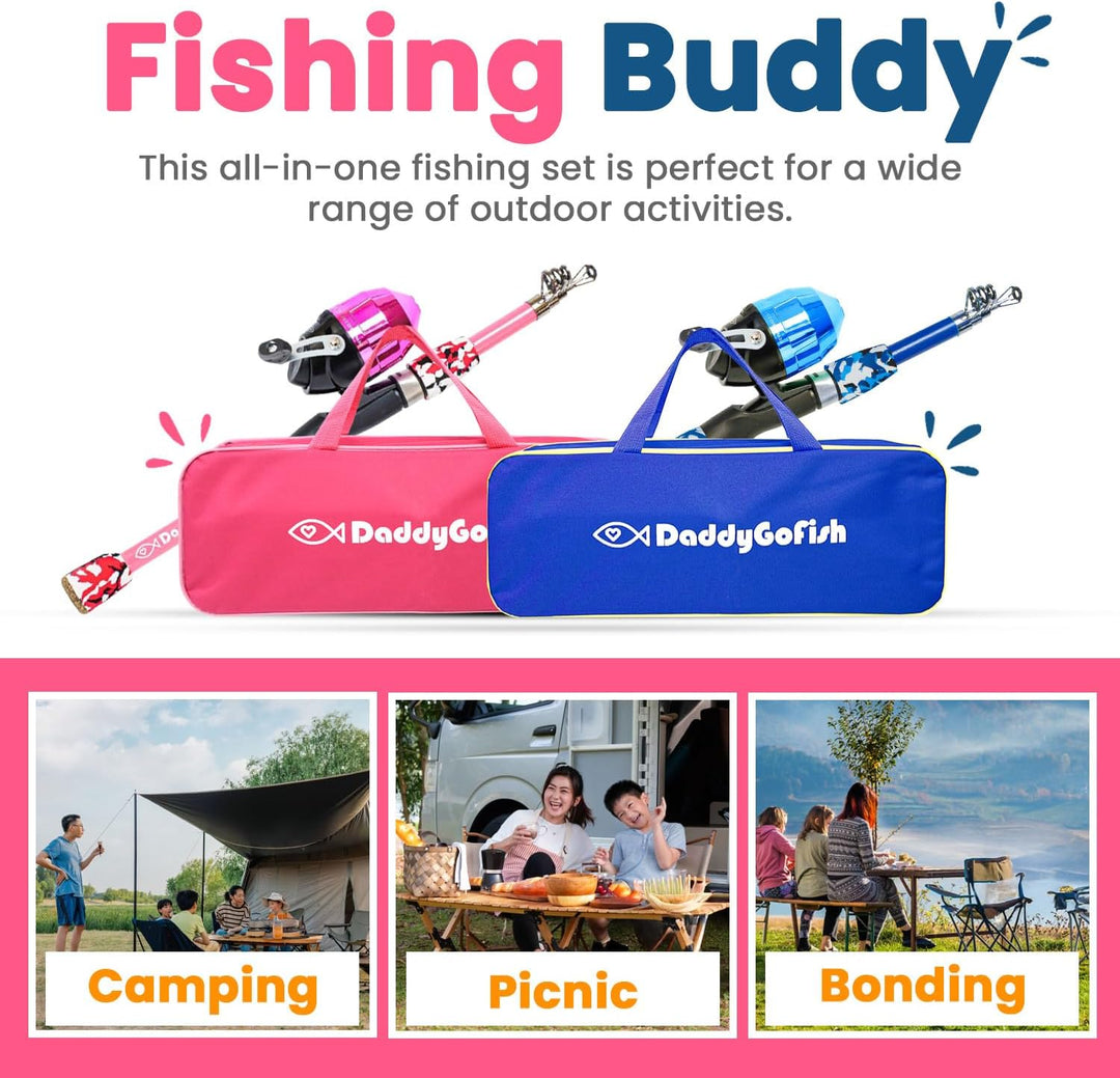 DaddyGoFish Kinder Angelset - Teleskoprute & Rolle Combo mit Klappstuhl, Rutenhalter, Tackle Box, Kö