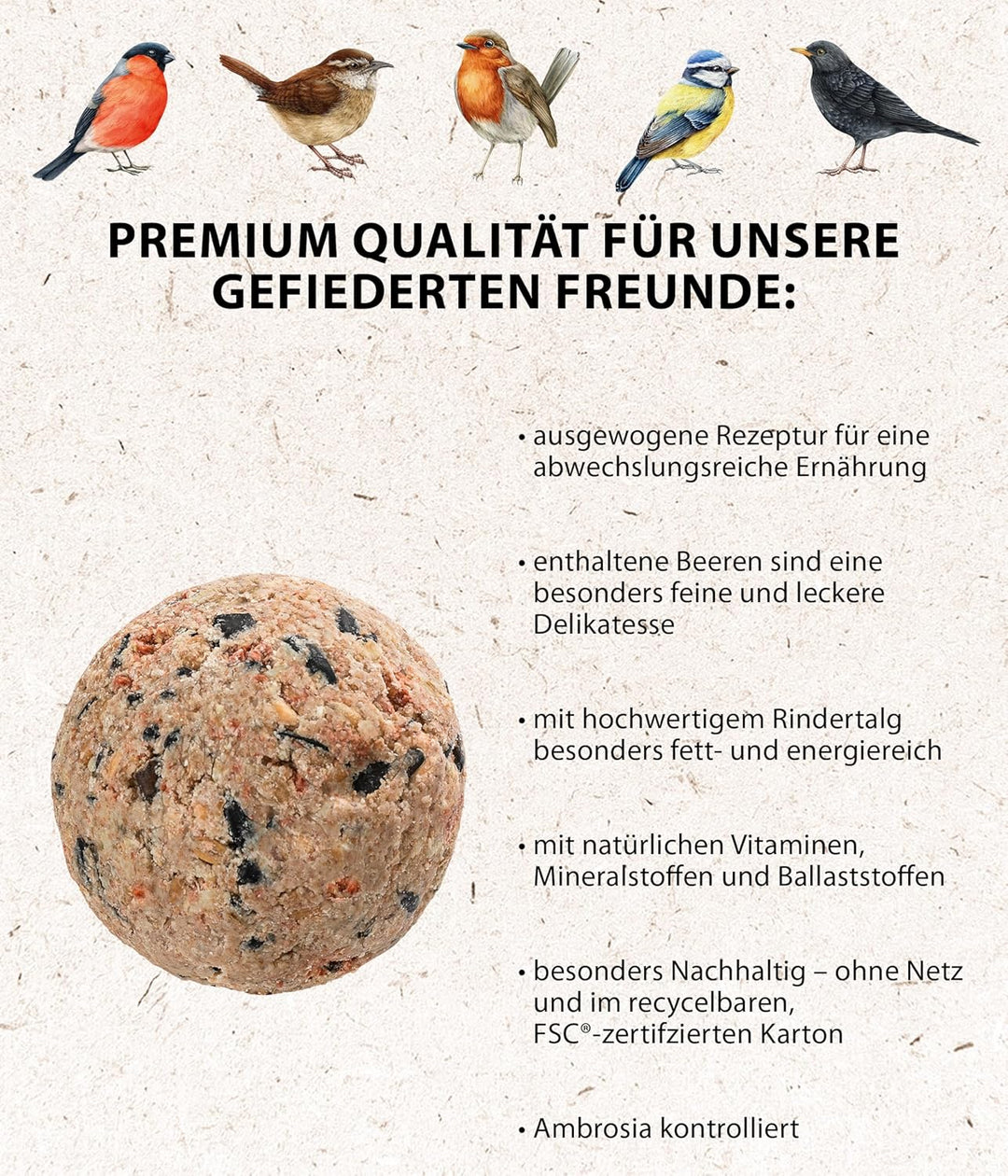 Dehner Natura Premium Meisenknödel ohne Netz, Beerenknödel, ganzjähriges Wildvogelfutter proteinreic
