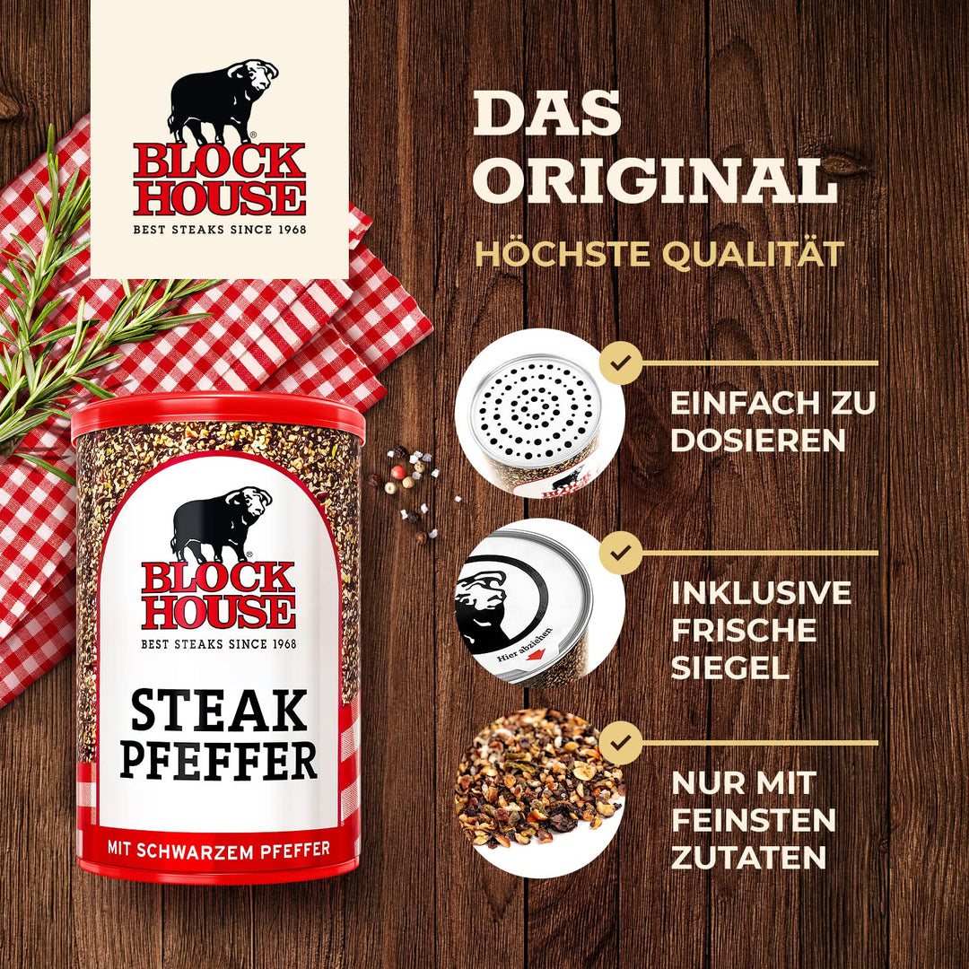 Block House Steak Pfeffer mit schwarzem Pfeffer, Würzsalz mit weissem Pfeffer, Knoblauchpfeffer mit