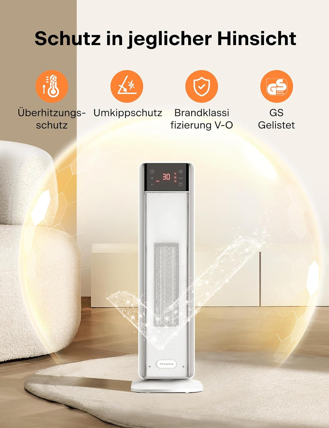 PELONIS Heizlüfter 2000W, Elektroheizung mit Thermostat und Fernbedienung, 75° Oszillation & 24-Stun