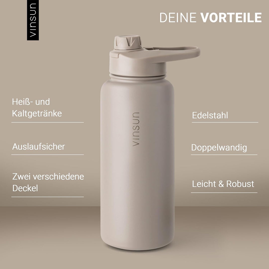 Vinsun Trinkflasche Edelstahl taupe 1L - auslaufsicher, Kohlensäure geeignet, BPA frei - Strohhalm,