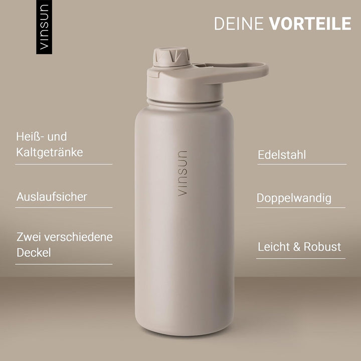 Vinsun Trinkflasche Edelstahl taupe 1L - auslaufsicher, Kohlensäure geeignet, BPA frei - Strohhalm,