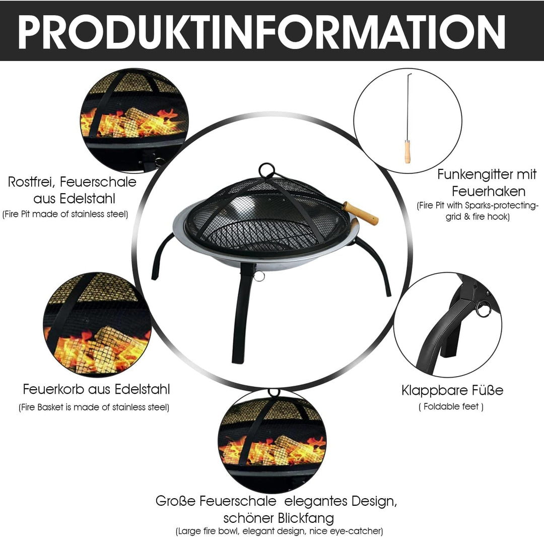 Defacto Feuerstelle Ø 58 cm Edelstahl – Feuerschale & Feuerkorb mit Funkenschutz, Feuerhaken & Klapp