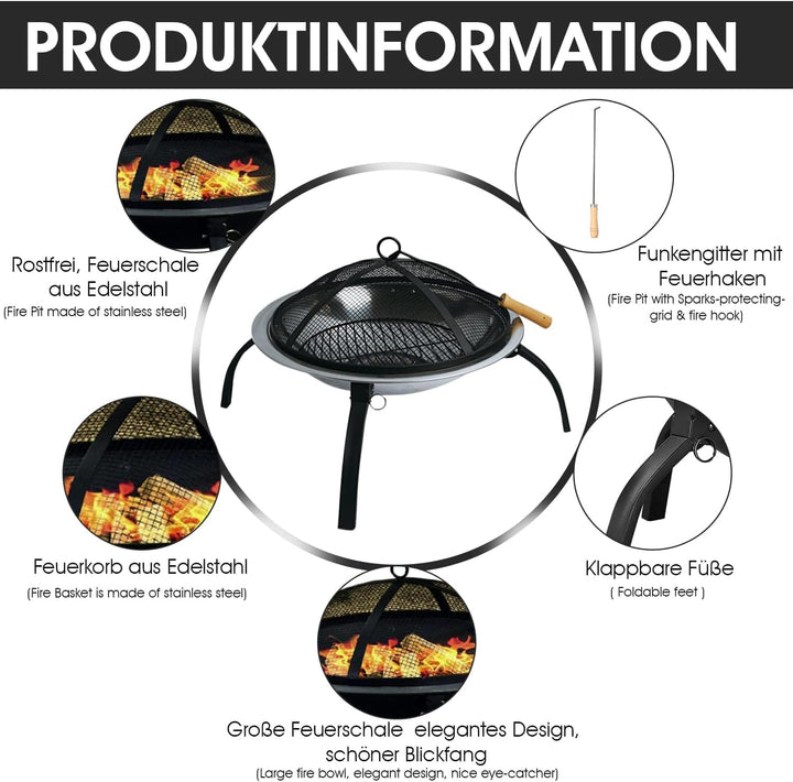 Defacto Feuerstelle Ø 58 cm Edelstahl – Feuerschale & Feuerkorb mit Funkenschutz, Feuerhaken & Klapp