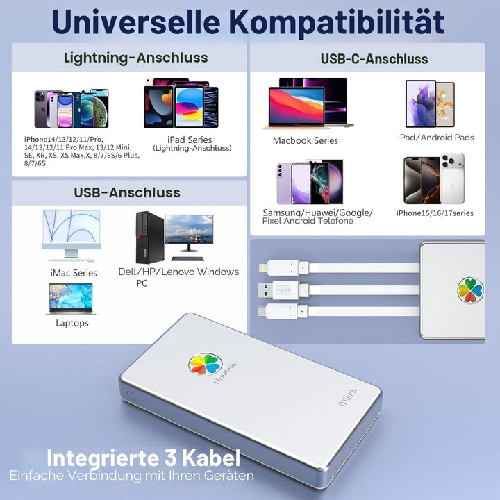 iDiskk 4 TB (4000 GB) Externe Lightning-Festplatte für iPhone, MFi-zertifizierte 3-in-1-iPhone-HDD,