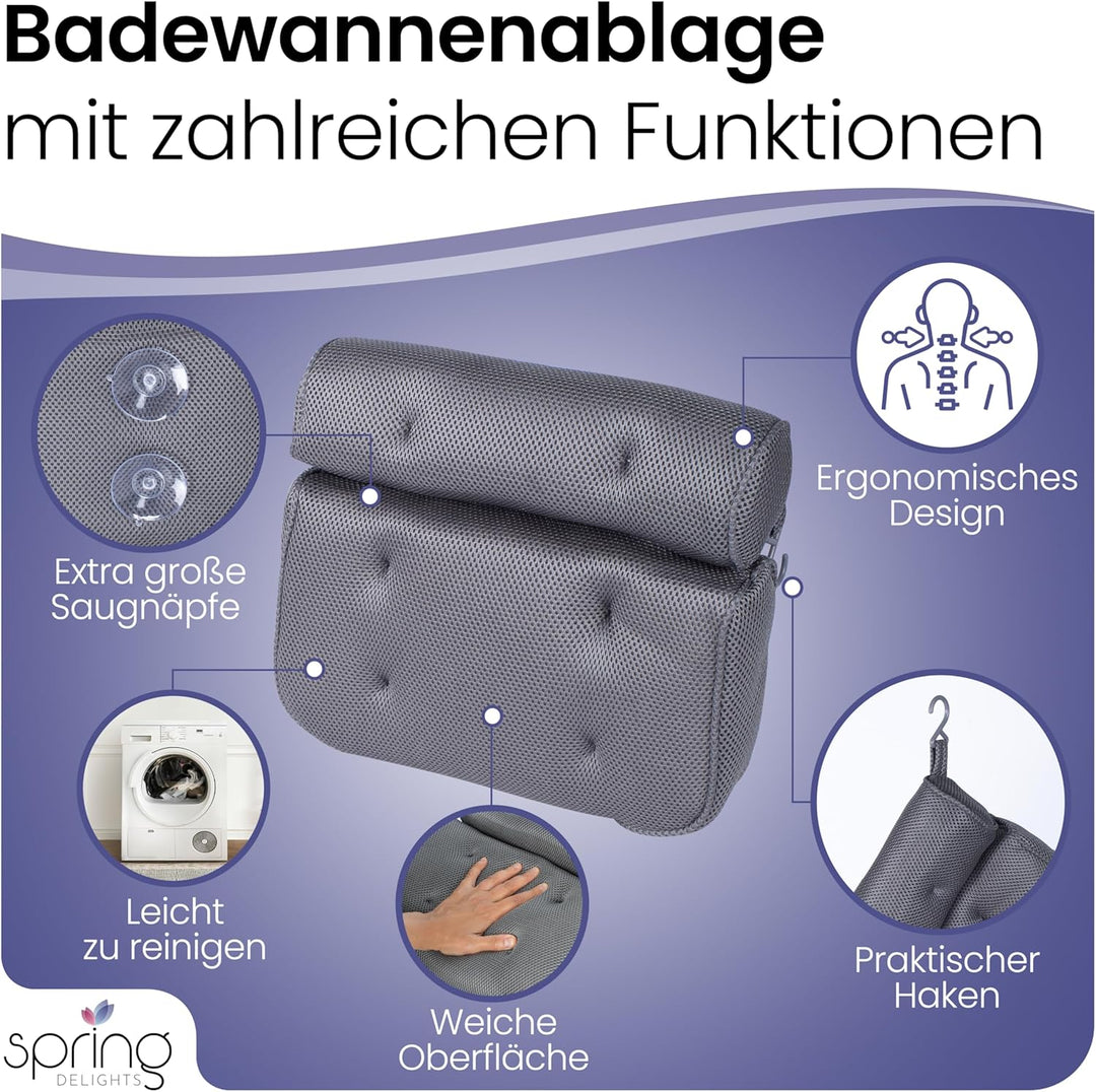 Badewannen-Set: Luxus Bambus Badewannenablage &amp; Ergonomisches Badewannenkissen - Weinglashalter, Tab